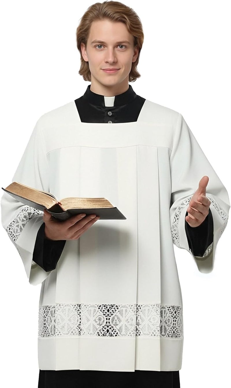 ANDHOM Catholic Premium Clergy Vestment Set Elegant White Surplice with Pleated Lace Details - Image 1